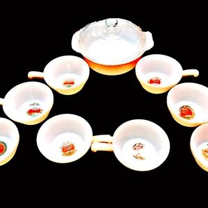 Fire King Peach Luster casserole and 8 soup cups